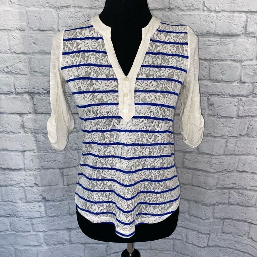 BCX women XS semi sheer 3/4 sleeve top w/floral and stripe print